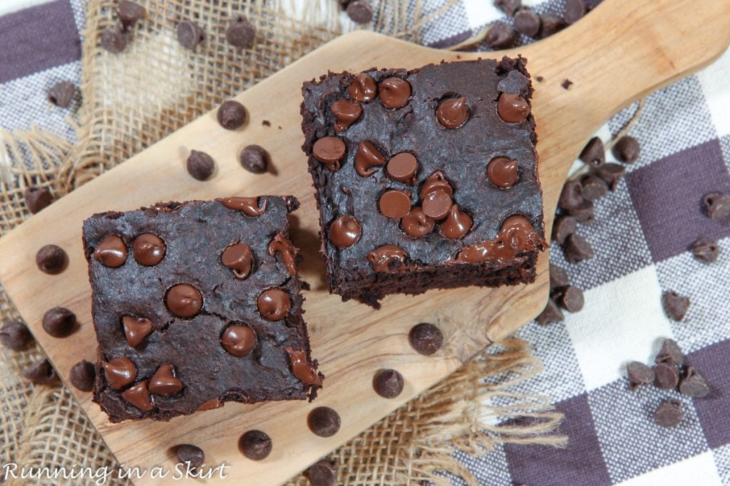 Black Bean Brownies with mix 2 Ingredients on a wood tray.