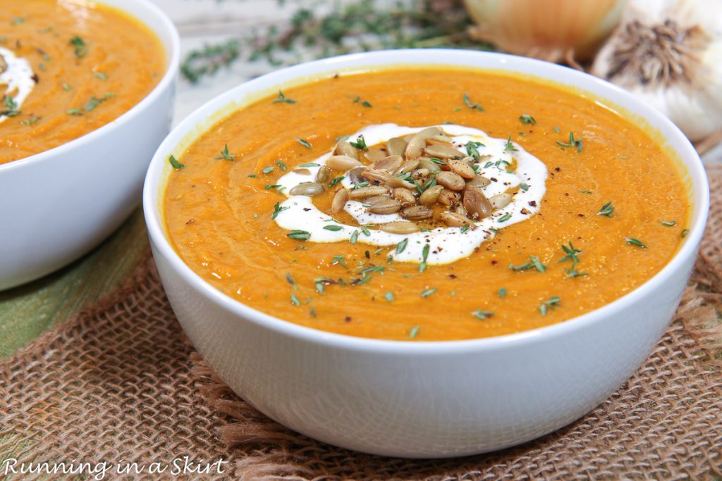 Pumpkin Soup with canned pumpkin in a white bowl.