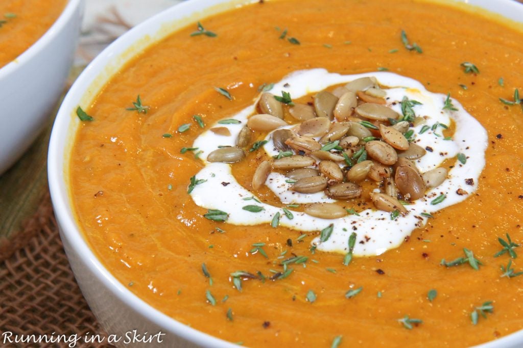 Easy Pumpkin Soup with canned pumpkin close up in a white bowl.