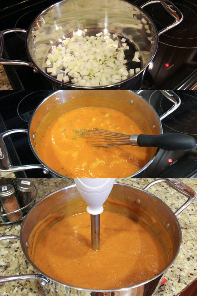 Photo collage showing step by step how to make the soup.