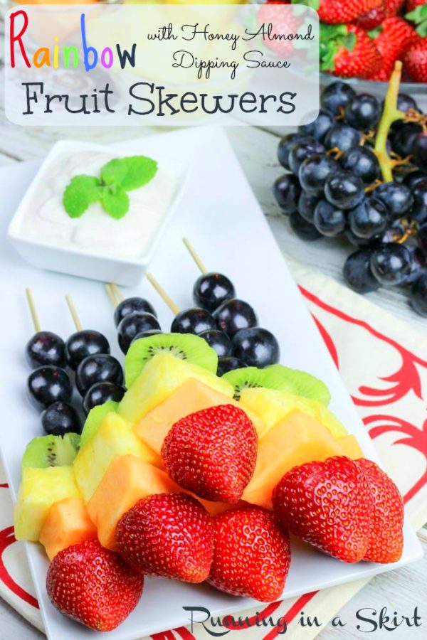 Simple Rainbow Fruit Skewers with Dip + Honey Almond Dipping Sauce