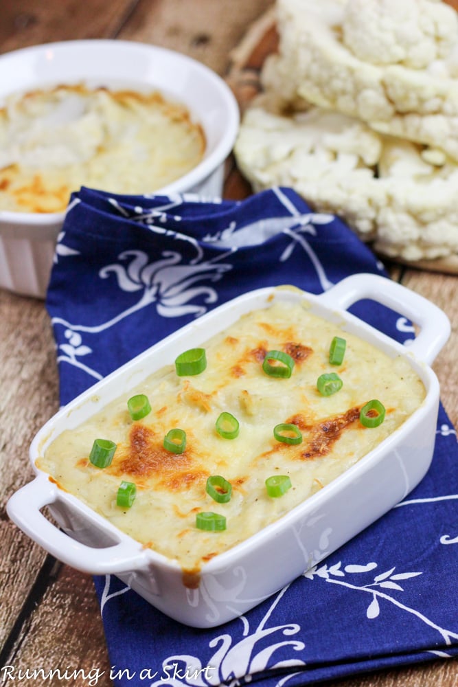 Baked Garlic Mashed Cauliflower recipe in a baking dish.