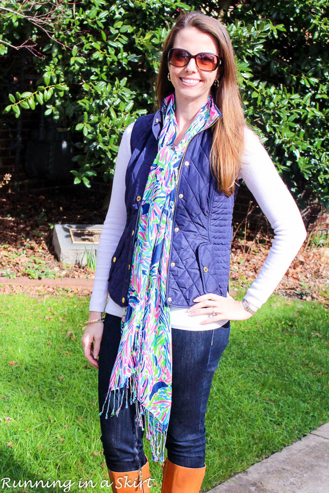 Fashion Friday - Navy Vest & Floral Scarf « Running in a Skirt