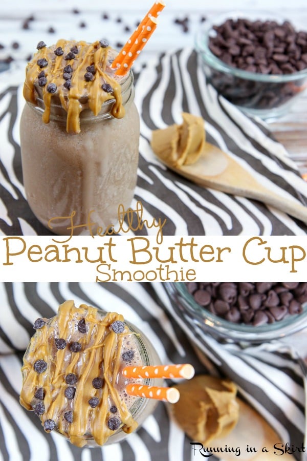 Healthy Peanut Butter Cup Smoothie recipe - a tasty peanut butter and chocolate smoothie with frozen banana, greek yogurt, ice cubes and powdered peanut butter. Simple, easy and perfect for blenders! / Running in a Skirt #smoothie #recipe #healthy #peanutbutter #chocolate #cleaneating via @juliewunder