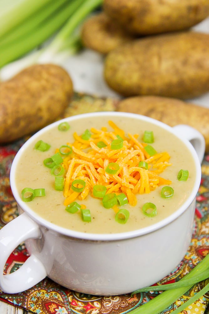 Crock Pot Vegetarian Potato Soup recipe in a bowl.