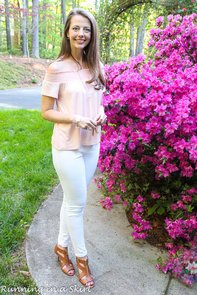 Fashion Friday - Pink Cold Shoulder Top & White Jeans « Running in a Skirt