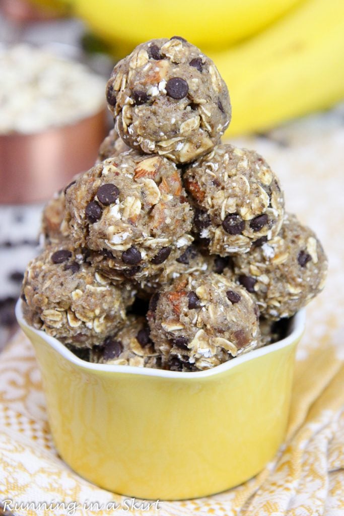 Chunky Monkey No Bake Energy Bites in a yellow container.