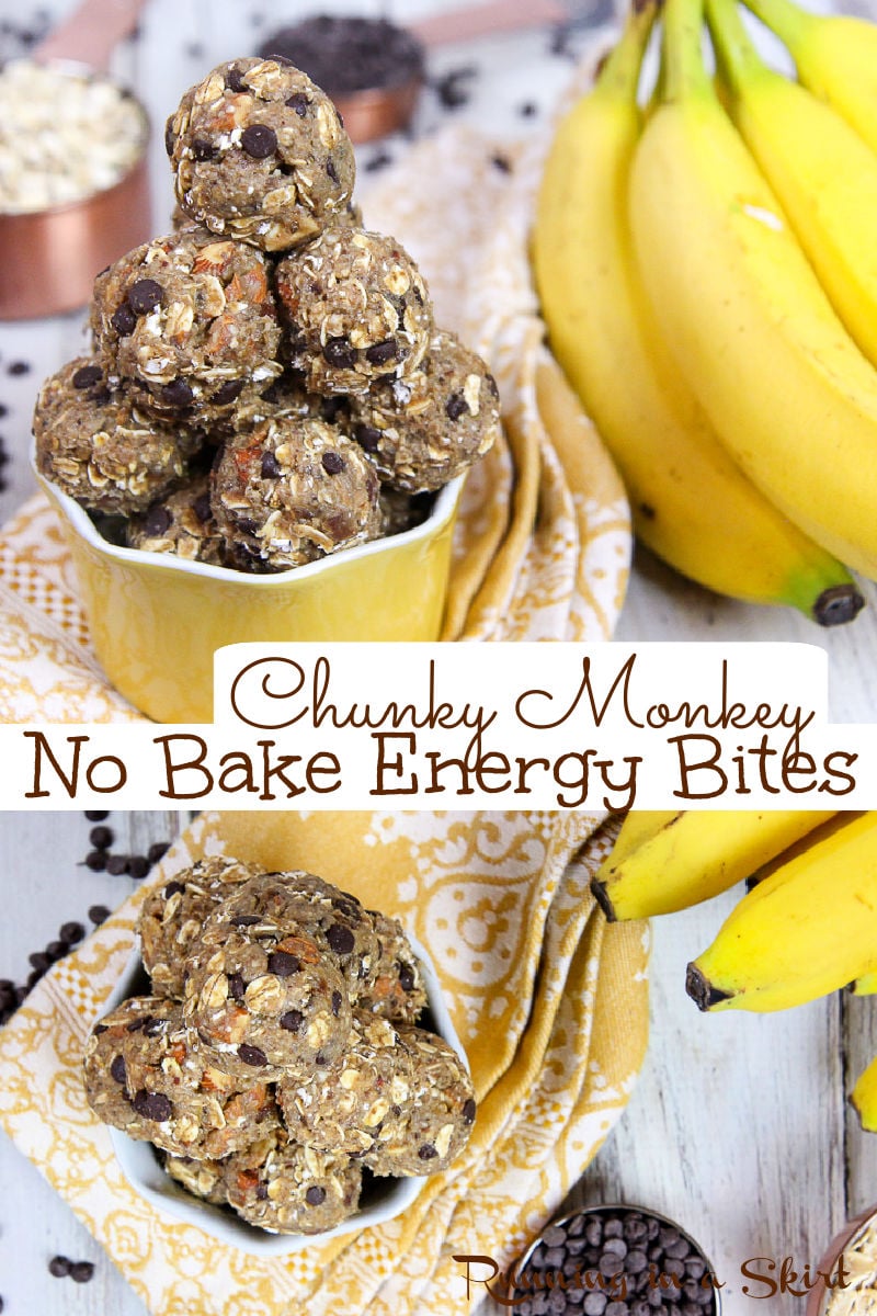 Chunky Monkey Healthy No Bake Energy Bites recipe. Easy, clean eating and perfect for quick snacks Uses banana, dates, chocolate, almonds and without peanut butter. Vegetarian, Vegan & Gluten Free friendly / Running in a Skirt via @juliewunder