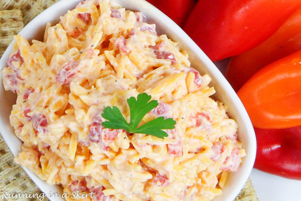 Low Fat Pimento Cheese overhead shot in a bowl.