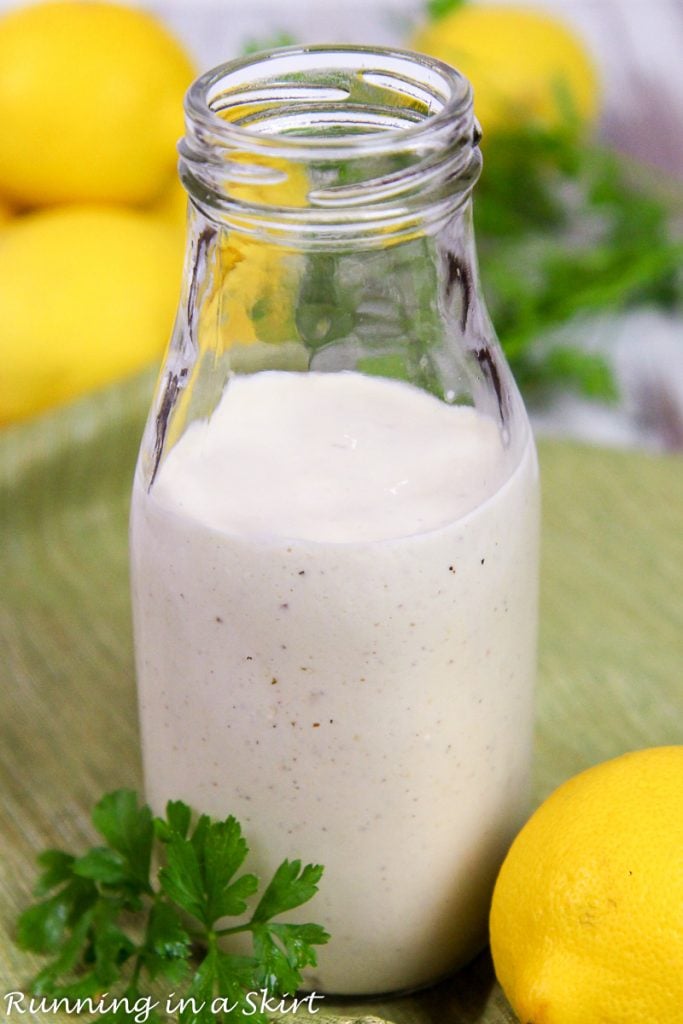 Close up of the Healthy Caesar Dressing in a jar.