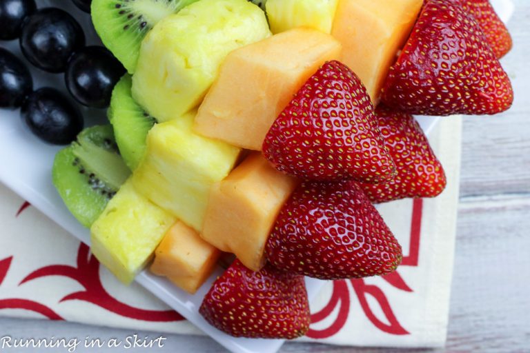 Simple Rainbow Fruit Skewers with Dip + Honey Almond Dipping Sauce