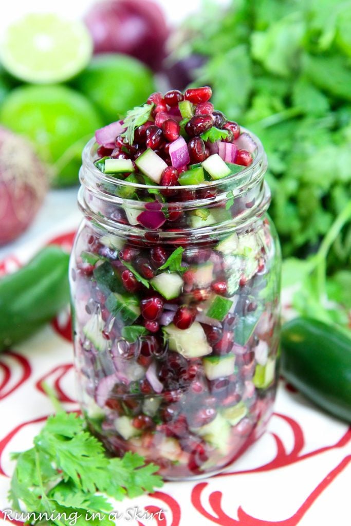 Pomegranate Salsa recipe in a serving jar.