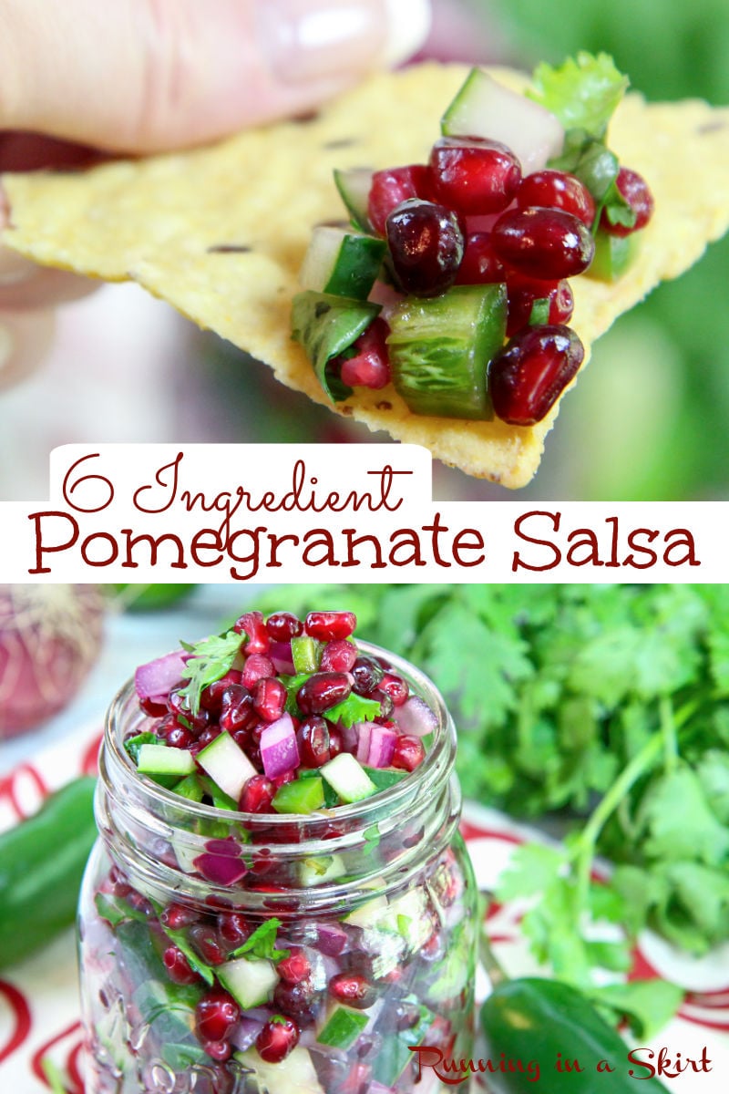 6 Ingredient Healthy Pomegranate Salsa recipe - the perfect winter salsa for the holidays, Thanksgiving or Christmas. With cucumber and cilantro for a festive red and green pomegranate appetizer. Vegan, vegetarian and gluten free. / Running in a Skirt #vegan #vegetarian #christmas #recipe #salsa #healthy #glutenfree #pomegranate #holiday via @juliewunder