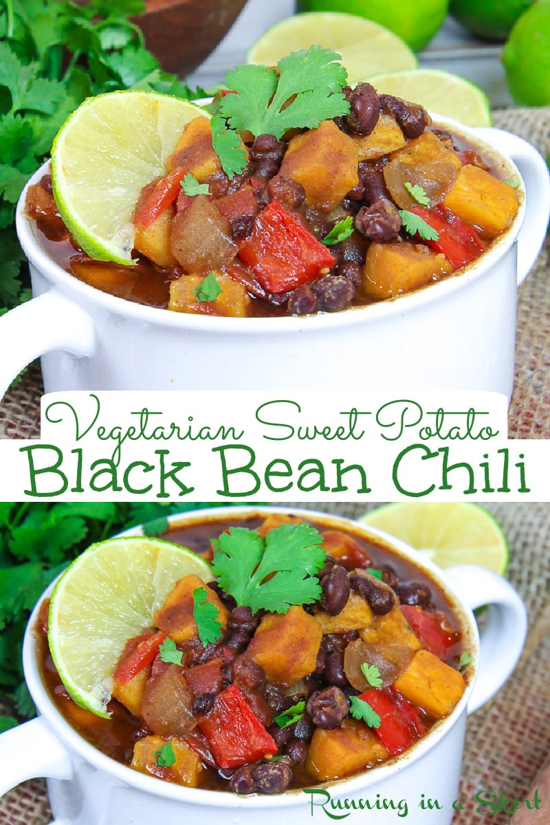 Crockpot Vegan Black Bean & Sweet Potato Chili recipe - this healthy vegetarian soup is perfect in the slow cooker and instant pot! Southwest / Mexican inspired flavors. SO GOOD! / Running in a Skirt #chili #recipe #healthyliving #crockpot #instantpot #slowcooker via @juliewunder