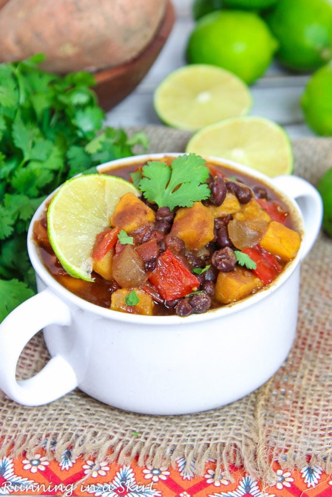 Sweet Potato Black Bean Chili Crock Pot Recipe in a soup bowl.