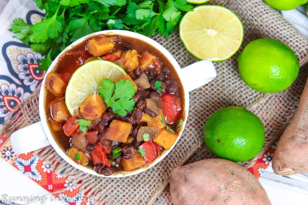 Sweet Potato Black Bean Chili Crock Pot Recipe overhead shot.