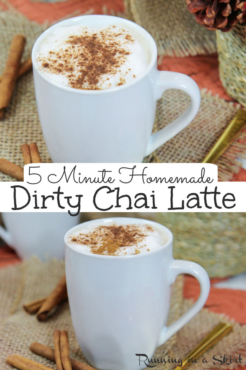 Homemade Dirty Chai Latte recipe - shortcut version! Includes how to make DIY instructions using Tazo tea and espresso. Dairy free option with almond milk or regular milk. Iced OR Hot! The perfect spices for these drinks. Gluten free & vegan / Running in a Skirt #WarmuptoTazo #FallforTazoFlavor #ad #recipe #healthy #chaitea #chai #coffee #drinks #chailatte #tea via @juliewunder