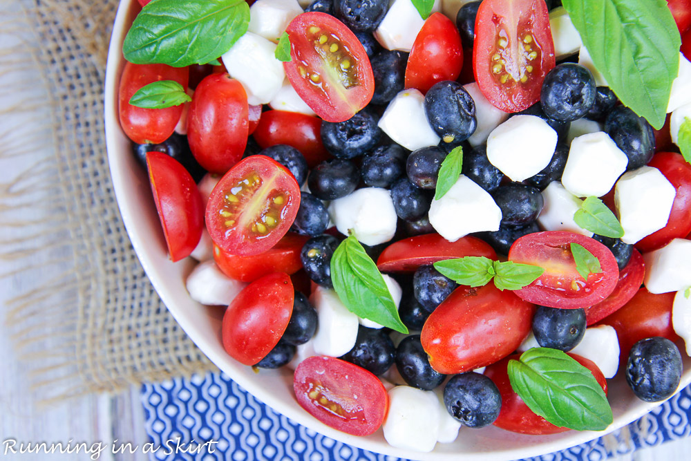 Blueberry Caprese Salad without balsamic glaze overhead shot.