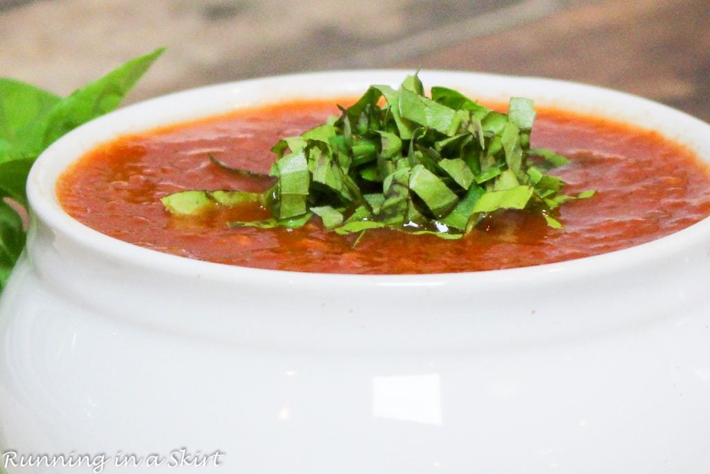 crock pot tomato basil soup recipe in a bowl.