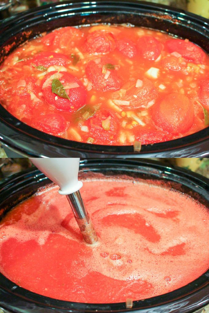 Process photo showing how to cook and blend the soup.