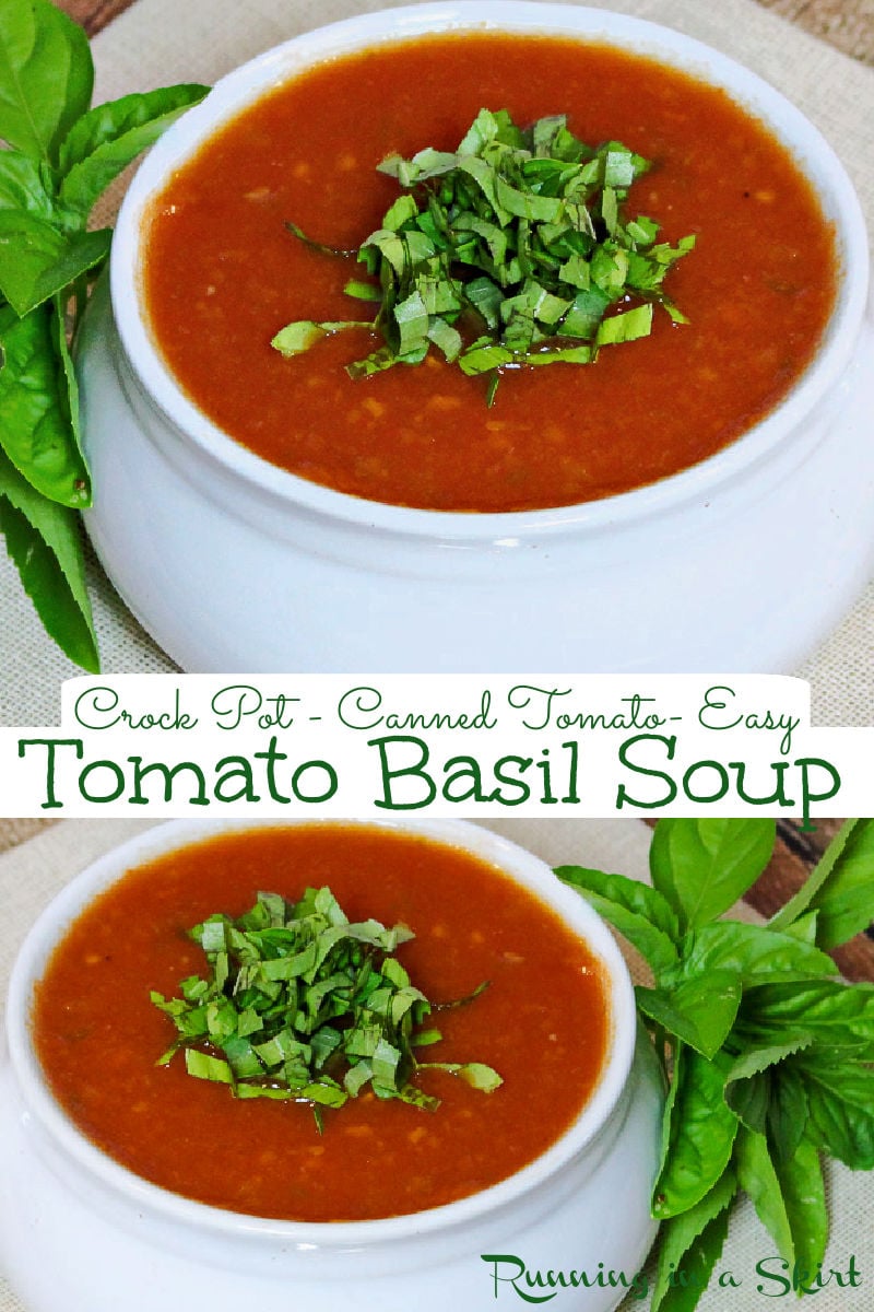 Crockpot Tomato Basil Soup recipe - easy, healthy and made in slow cooker. Vegetarian or vegan / dairy free. This Healthy Crock Pot Soup tastes so good and is the BEST Tomato Soup you can make at home. / Running in a Skirt #soup #crockpot #slowcooker #recipe #healthy via @juliewunder