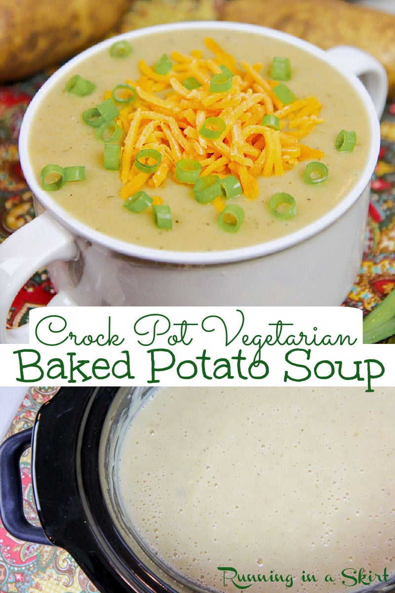 Crock Pot Vegetarian Potato Soup recipe - This Healthy & Creamy Vegetarian Baked Potato Soup is homemade in the slow cooker with vegetable stock. It has a few healthy swaps for a soup that tastes indulgent but is a bit better for you. The BEST Vegetarian Soup recipe! / Running in a Skirt #vegetarian #healthy #recipe #crockpot #slowcooker #bakedpotatosoup via @juliewunder