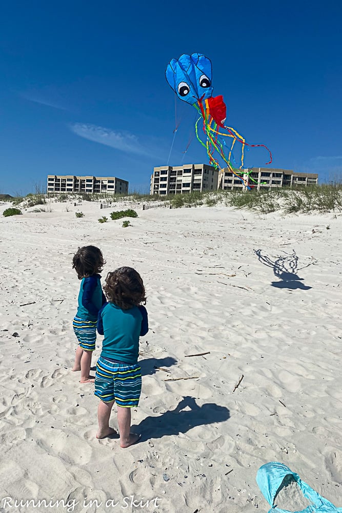 Flying kites on beach.