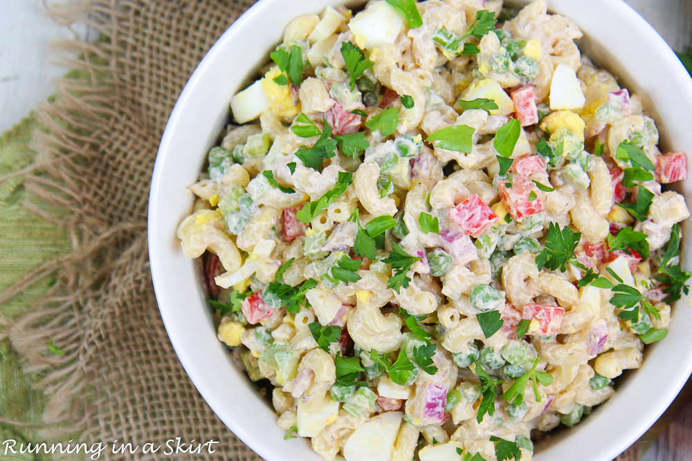 Healthy Macaroni Salad in a large serving bowl.