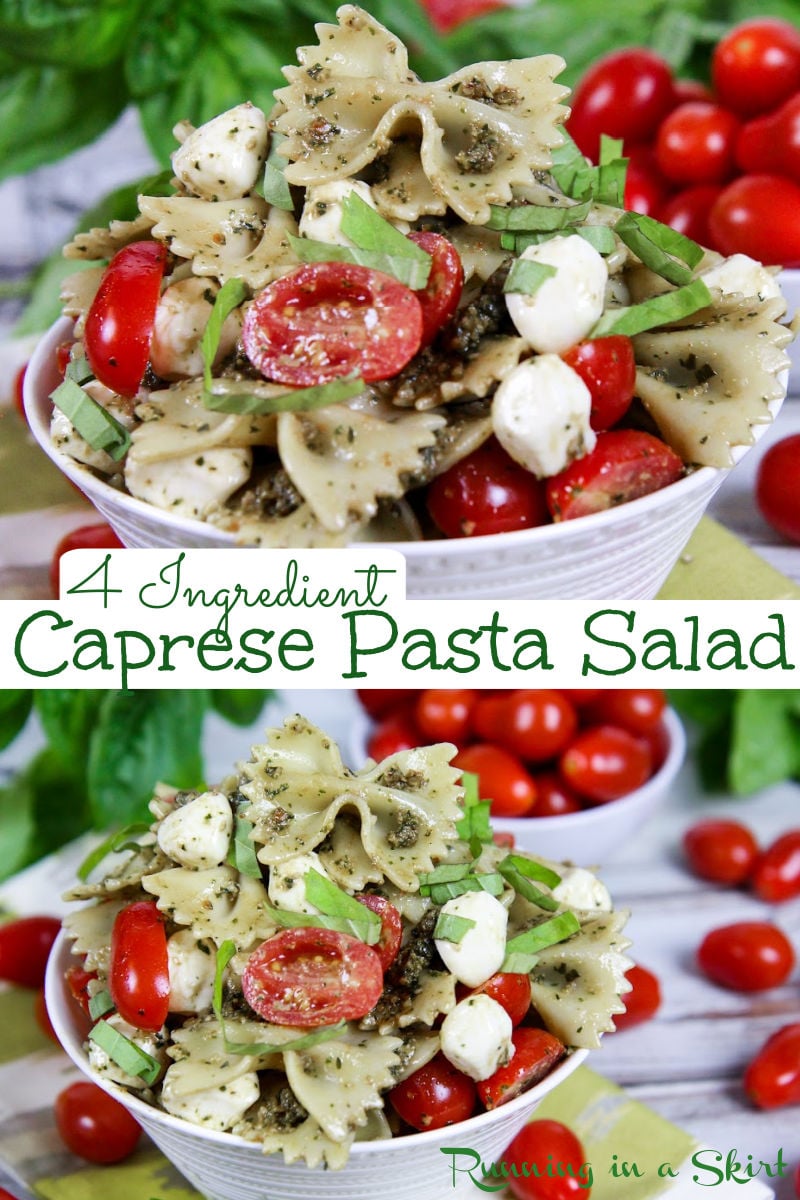 4 Ingredient Easy Caprese Pasta Salad with Pesto recipe - the best healthy, cold tomato mozzarella salad! A simple summer meals or lunch ideas. Perfect for a crowd or potlucks. Vegetarian. / Running in a Skirt #vegetarian #healthy #recipe #caprese #pasta via @juliewunder