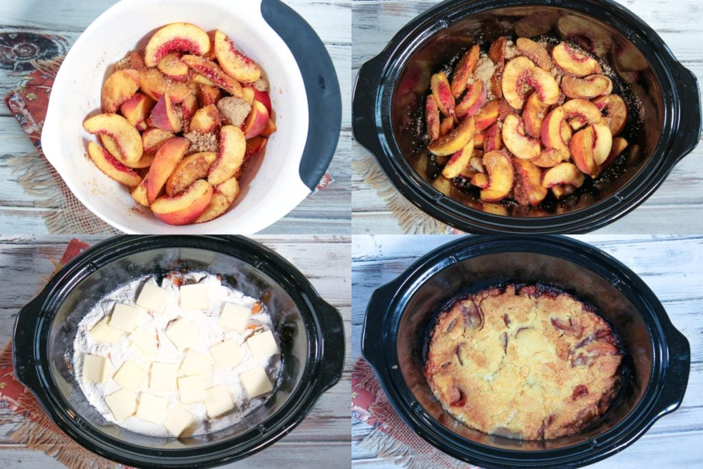 Crock Pot Peach Cobbler with Cake Mix process photos collage showing how to layer it.