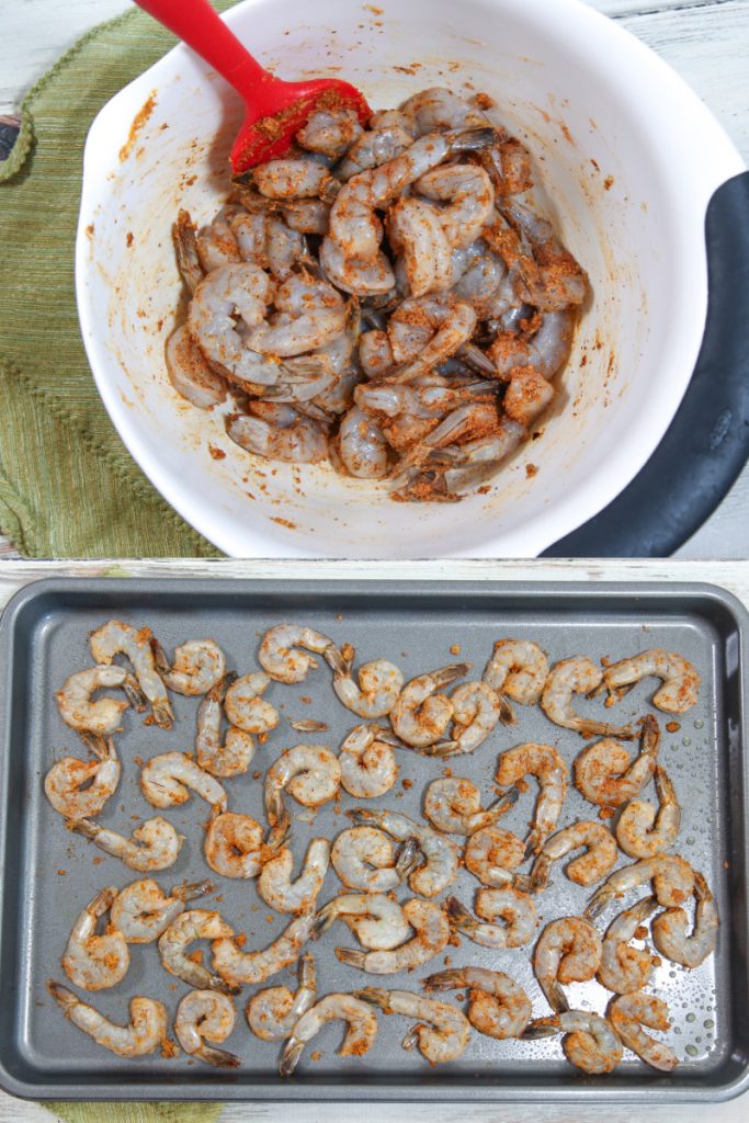 Process photo collage showing how to prep the shrimp for the oven.