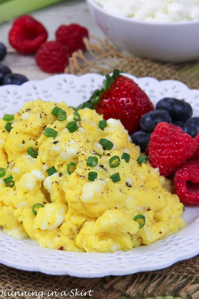 Scrambled Cottage Cheese Eggs on a white plate.