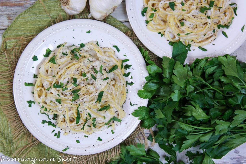 Cottage Cheese Alfredo sauce overhead shot.