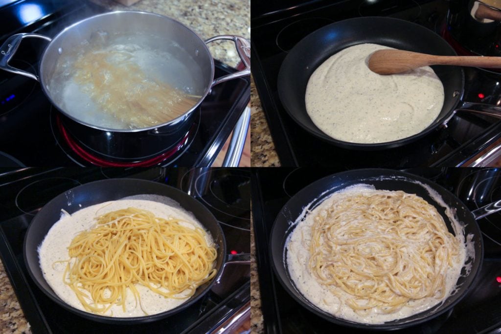 Process photos showing how to make the cottage cheese alfredo sauce in the pan.