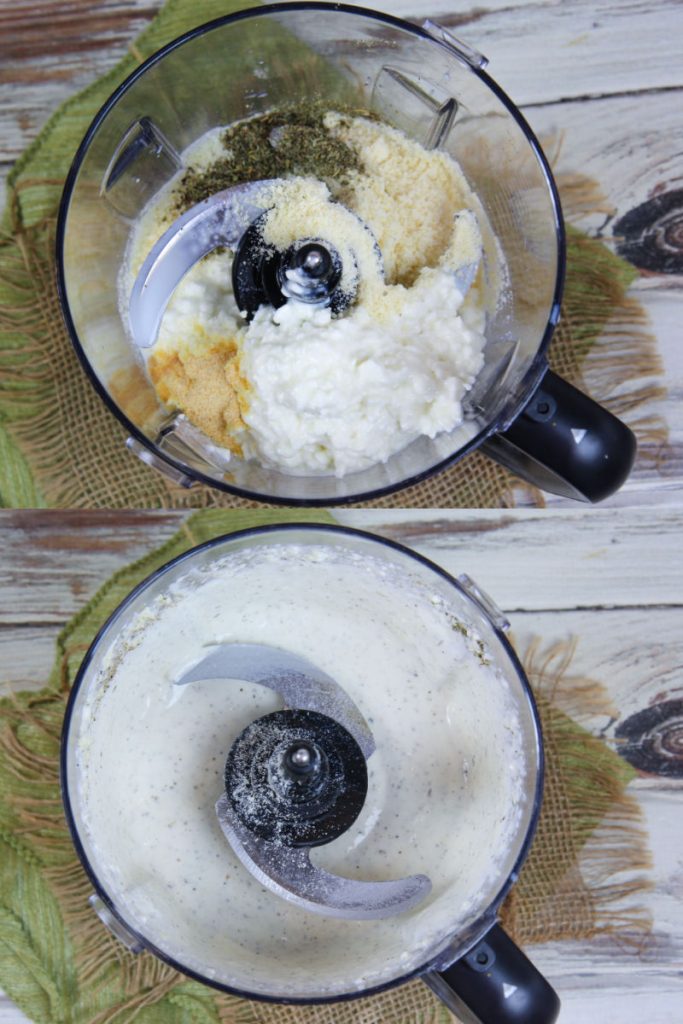 Process photos collage showing how to mix the sauce in the food processor.