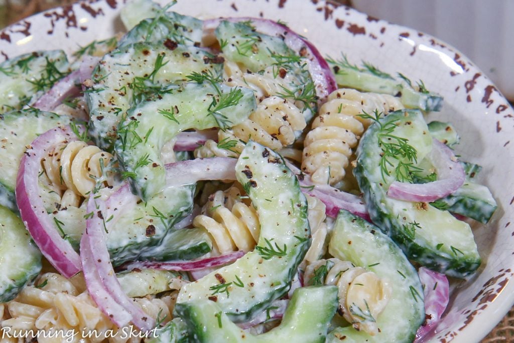 Cucumber Pasta Salad in a bowl.