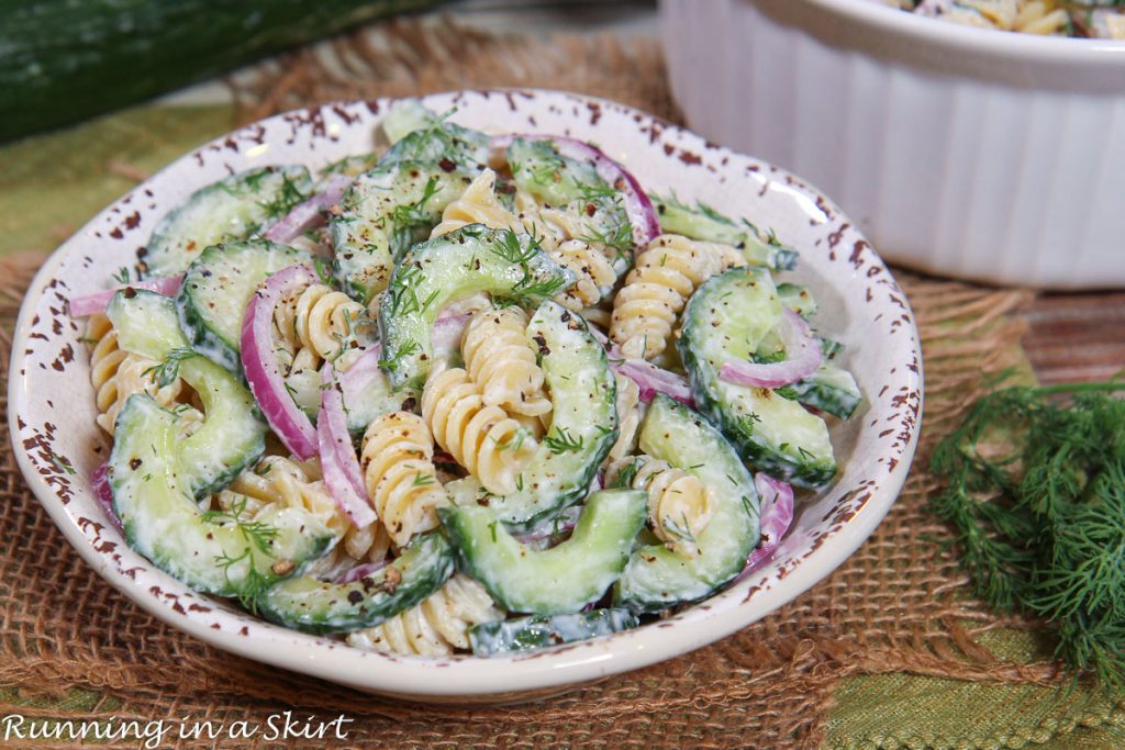 Cucumber Pasta Salad in a bowl.