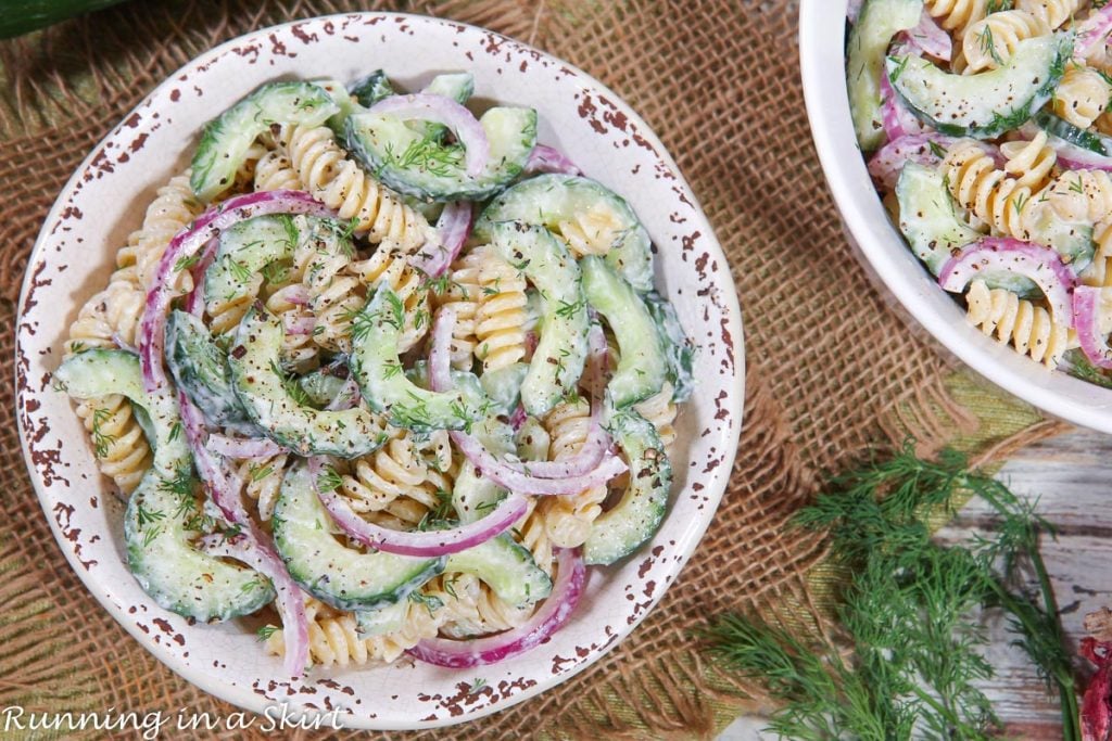 Cucumber Pasta Salad overhead shot.