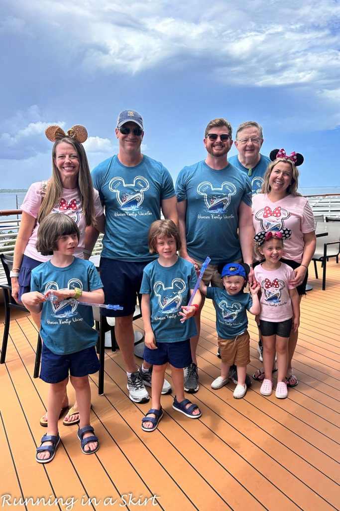 Family on Disney Cruise with matching shirts.