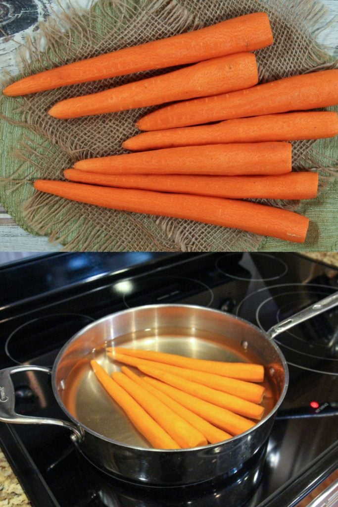 Process photos showing how to prep the carrots.