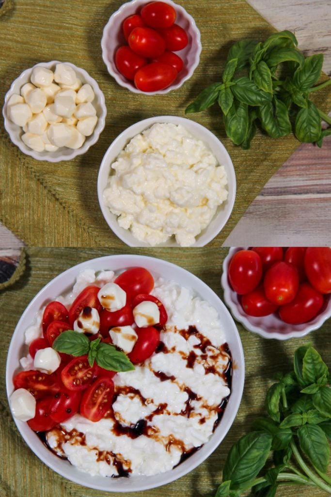 Caprese Cottage Cheese Breakfast Ingredients and Process photos.