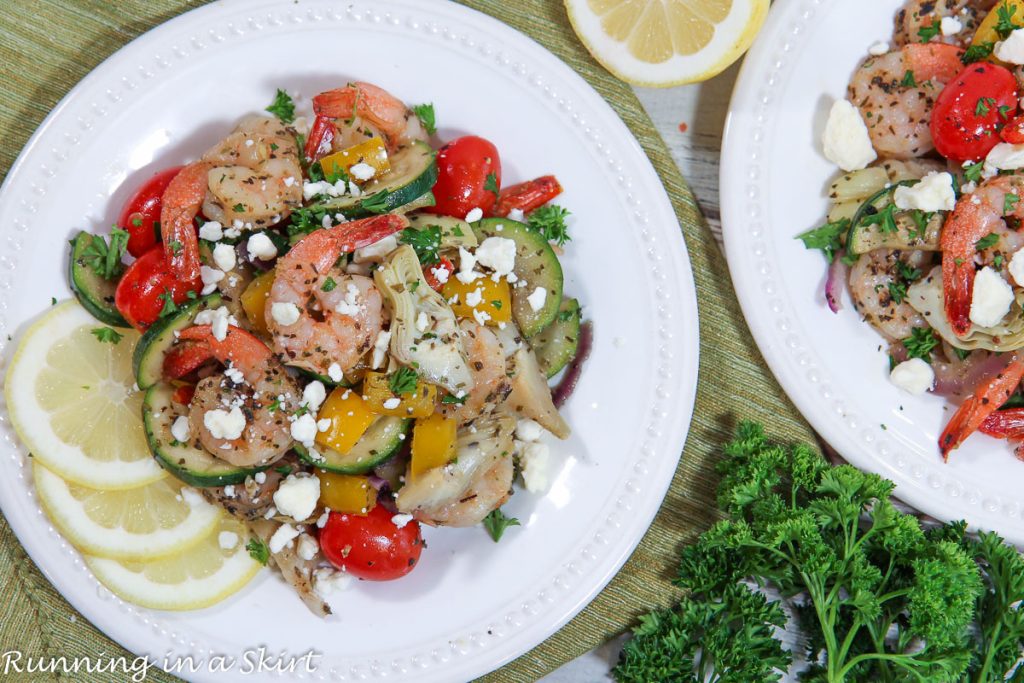 Mediterranean Shrimp sheet pan meal overhead shot.