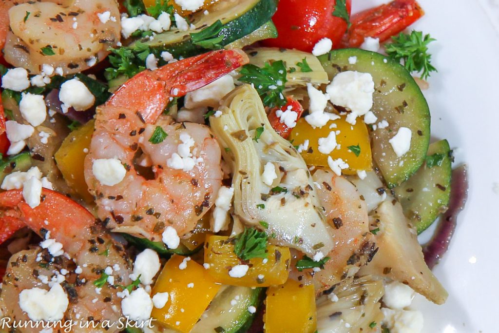 Close up of Mediterranean Shrimp sheet pan meal.