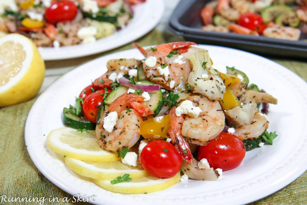 Mediterranean Shrimp sheet pan meal on a plate.