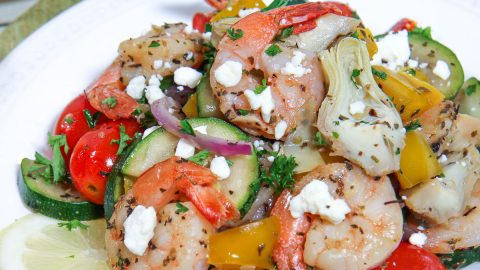 Mediterranean Shrimp sheet pan meal on a plate.