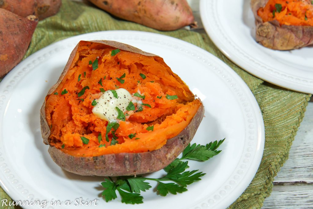 Crock Pot Sweet Potatoes on a plate cut open with butter.