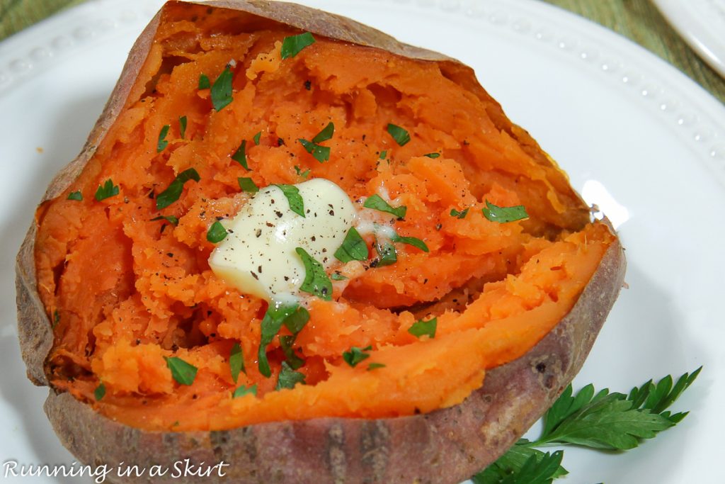 Crock Pot Sweet Potatoes on a white plate.