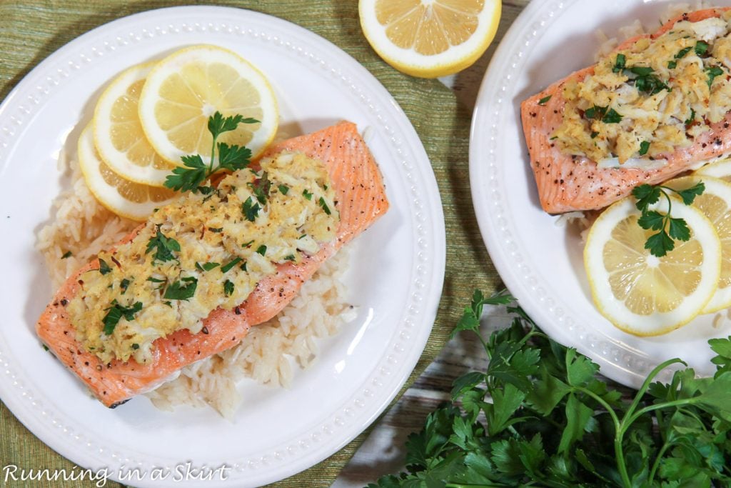 Crab Stuffed Salmon overhead shot on white plate.