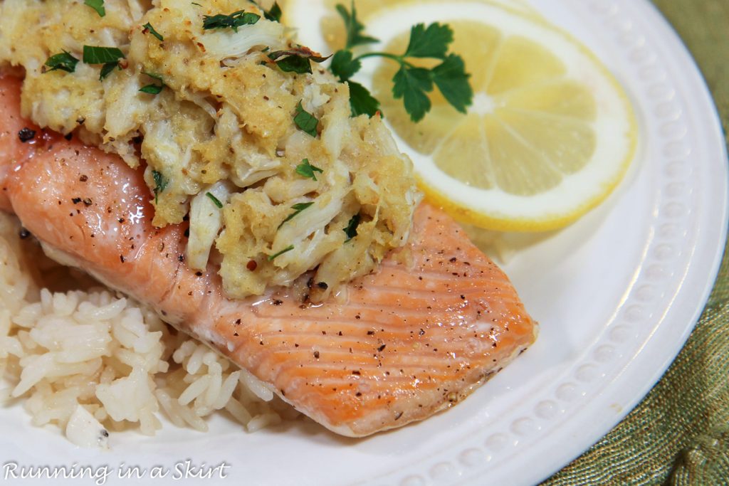 Crab Stuffed Salmon on a plate.