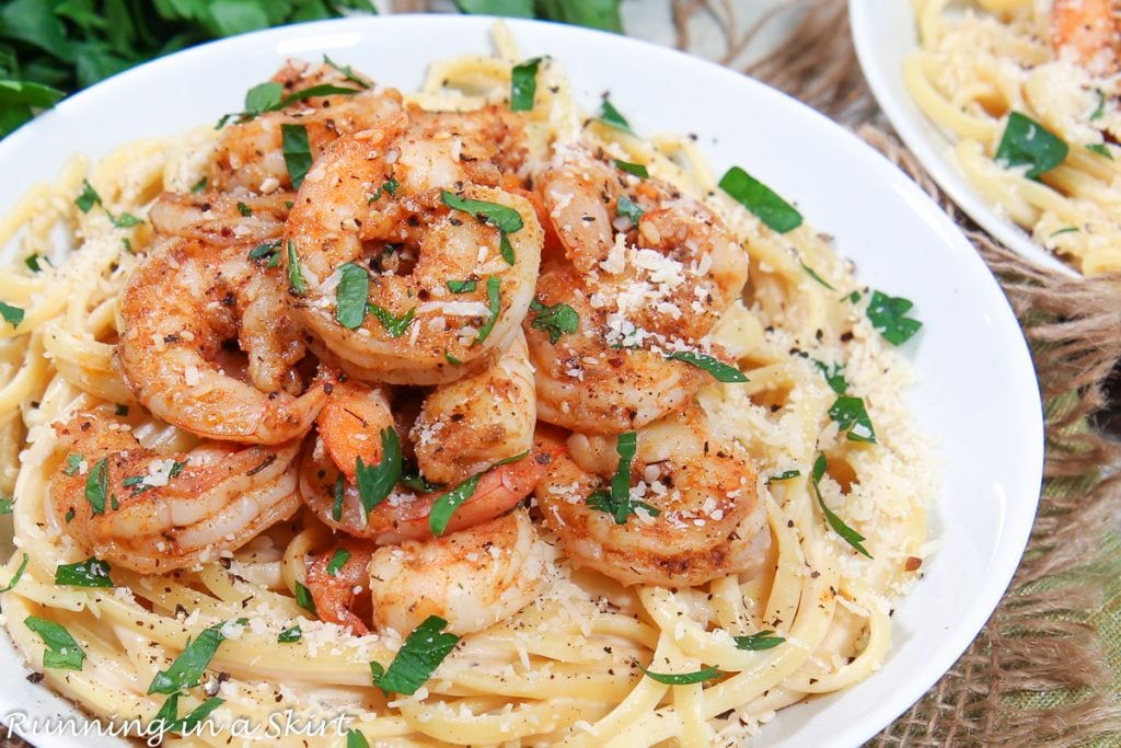 Cajun Shrimp Alfredo in a white dish.